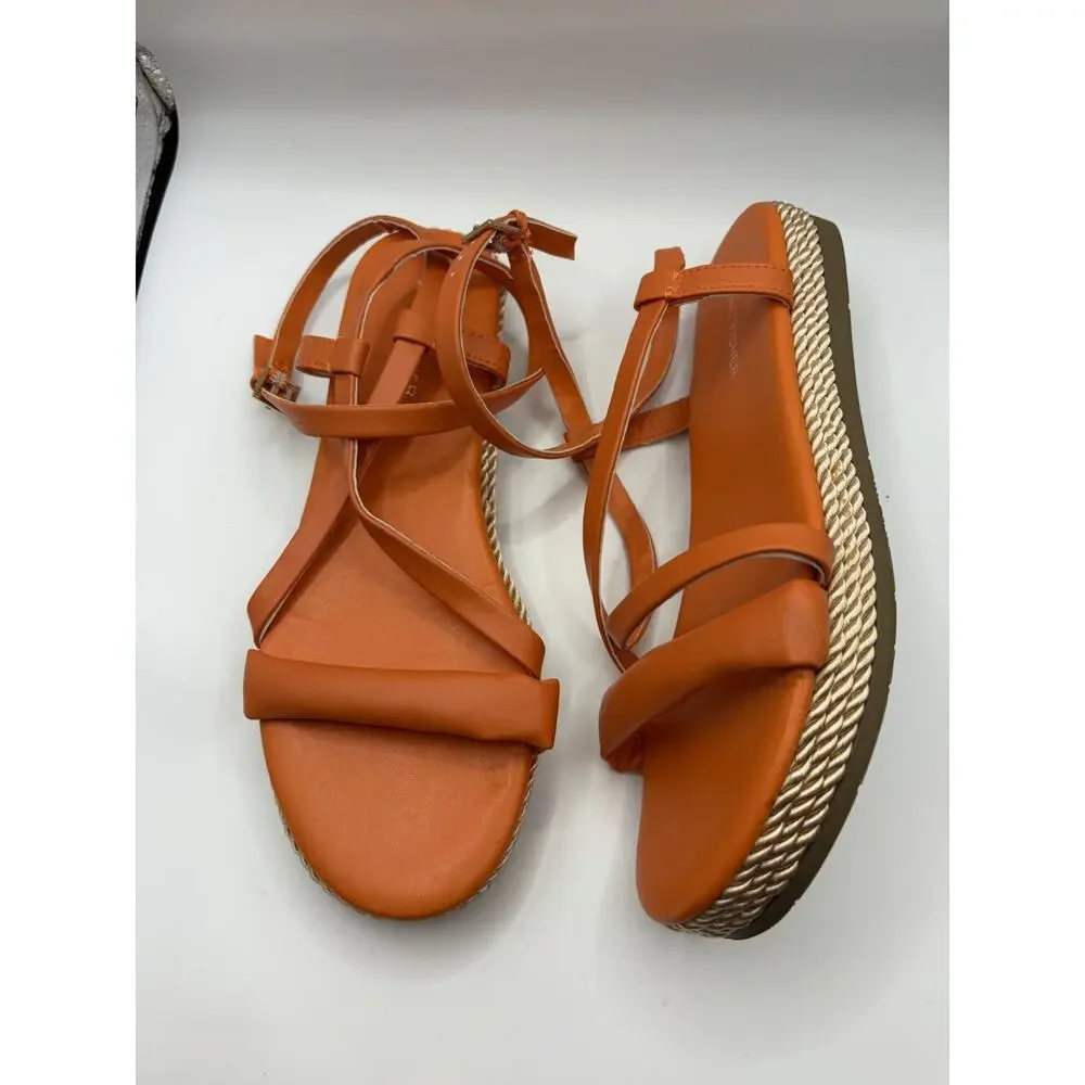 Marc Fisher Natelea Sandals Womens 8 Orange Espadrille Flat Ankle Strap